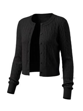 Lightweight Micro-Cable Cropped Cardigan Sweater Button Down